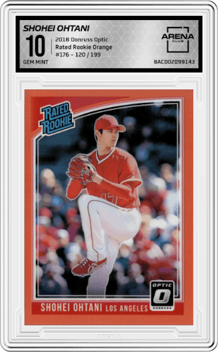 Shohei Ohtani from the 2018 Panini Donruss Optic set featuring a Orange parallel graded by Arena Club and given an overall grade of 10.