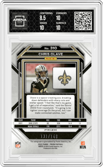 Chris Olave from the 2022 Panini Prizm set featuring a Red Wave parallel graded by Arena Club and given an overall grade of 9.