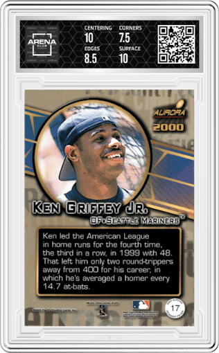Ken Griffey Jr. from the 2000 Pacific Aurora set graded by Arena Club and given an overall grade of 8.