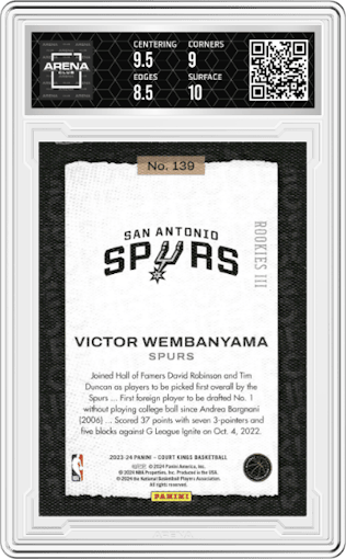 Victor Wembanyama from the 2023-24 Panini Court Kings set graded by Arena Club and given an overall grade of 9.