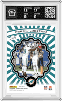 Tyreek Hill/Jaylen Waddle from the 2023 Donruss Optic set featuring a Holo parallel graded by Arena Club and given an overall grade of 9.
