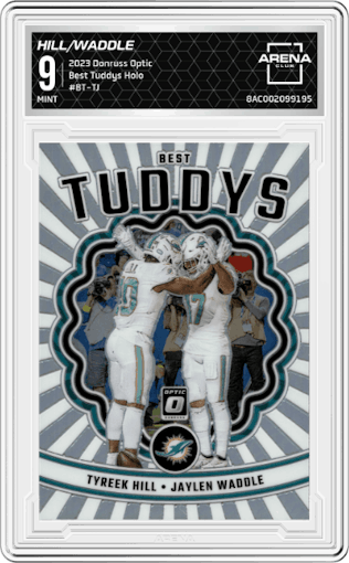 Tyreek Hill/Jaylen Waddle from the 2023 Donruss Optic set featuring a Holo parallel graded by Arena Club and given an overall grade of 9.