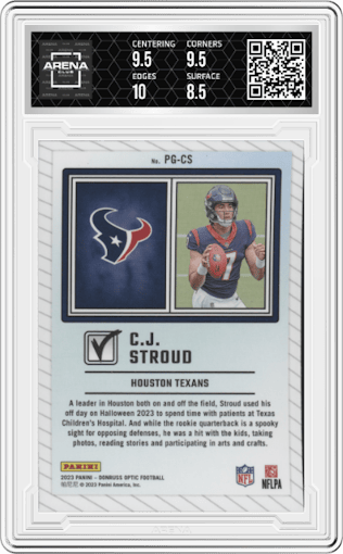 C.J. Stroud from the 2023 Donruss Optic set graded by Arena Club and given an overall grade of 9.