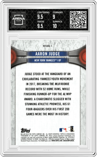 Aaron Judge from the 2018 Topps National Baseball Card Day set graded by Arena Club and given an overall grade of 9.5.