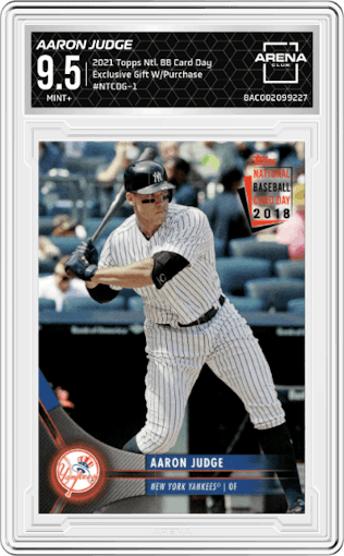 Aaron Judge from the 2018 Topps National Baseball Card Day set graded by Arena Club and given an overall grade of 9.5.