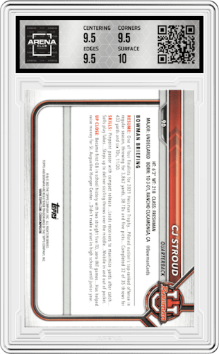CJ Stroud from the 2021-22 Bowman University set graded by Arena Club and given an overall grade of 10.