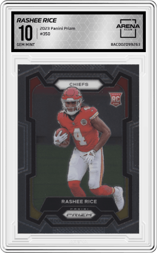 Rashee Rice from the 2023 Panini Prizm set graded by Arena Club and given an overall grade of 10.