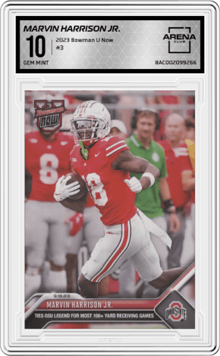 Marvin Harrison Jr. from the 2023 Bowman U Now set graded by Arena Club and given an overall grade of 10.