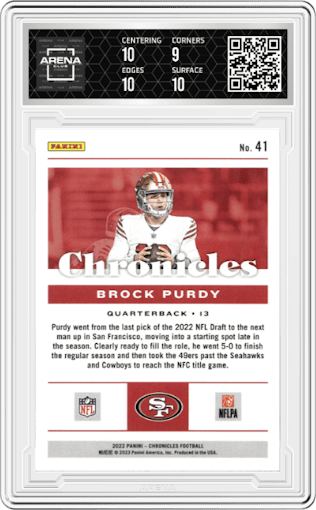 Brock Purdy from the 2022 Panini Chronicles set graded by Arena Club and given an overall grade of 9.5.