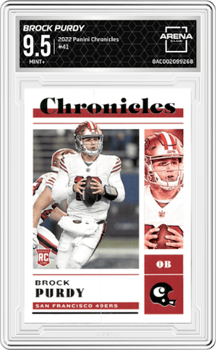 Brock Purdy from the 2022 Panini Chronicles set graded by Arena Club and given an overall grade of 9.5.