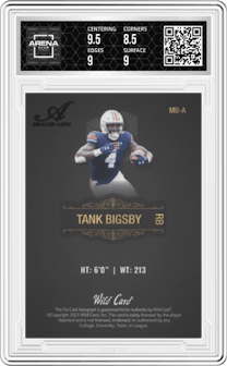 Tank Bigsby from the 2023 Wild Card Matte set featuring a Black Silver Foil parallel graded by Arena Club and given an overall grade of 9.