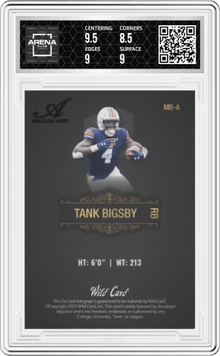 Tank Bigsby from the 2023 Wild Card Matte set featuring a Black Silver Foil parallel graded by Arena Club and given an overall grade of 9.