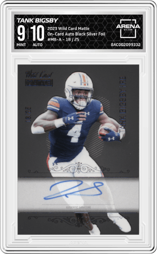 Tank Bigsby from the 2023 Wild Card Matte set featuring a Black Silver Foil parallel graded by Arena Club and given an overall grade of 9.