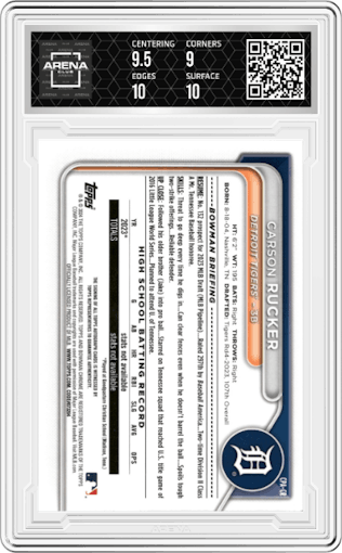 Carson Rucker from the 2024 Bowman set graded by Arena Club and given an overall grade of 9.5.