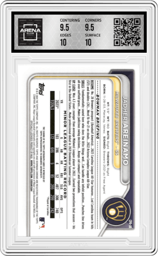 Jadher Areinamo from the 2024 Bowman set graded by Arena Club and given an overall grade of 10.