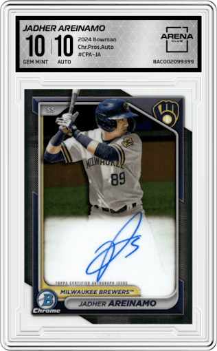 Jadher Areinamo from the 2024 Bowman set graded by Arena Club and given an overall grade of 10.