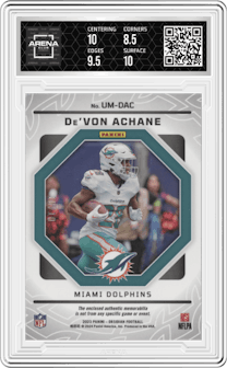 De'Von Achane from the 2023 Panini Obsidian set featuring a Electric Etch Yellow parallel graded by Arena Club and given an overall grade of 9.