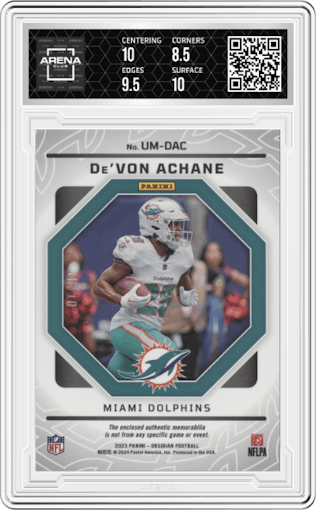 De'Von Achane from the 2023 Panini Obsidian set featuring a Electric Etch Yellow parallel graded by Arena Club and given an overall grade of 9.
