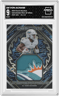 De'Von Achane from the 2023 Panini Obsidian set featuring a Electric Etch Yellow parallel graded by Arena Club and given an overall grade of 9.