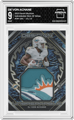 De'Von Achane from the 2023 Panini Obsidian set featuring a Electric Etch Yellow parallel graded by Arena Club and given an overall grade of 9.