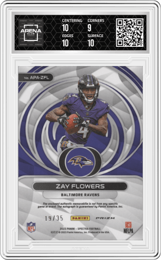 Zay Flowers from the 2023 Panini Spectra set featuring a Neon Green parallel graded by Arena Club and given an overall grade of 9.5.