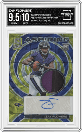 Zay Flowers from the 2023 Panini Spectra set featuring a Neon Green parallel graded by Arena Club and given an overall grade of 9.5.