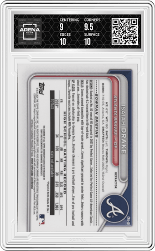 Isaiah Drake from the 2024 Bowman set featuring a Refractor parallel graded by Arena Club and given an overall grade of 9.5.