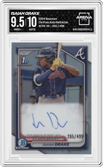 Isaiah Drake from the 2024 Bowman set featuring a Refractor parallel graded by Arena Club and given an overall grade of 9.5.