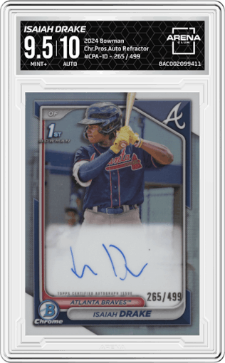 Isaiah Drake from the 2024 Bowman set featuring a Refractor parallel graded by Arena Club and given an overall grade of 9.5.