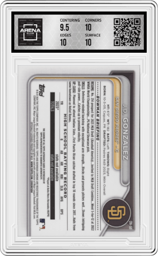J.D. Gonzalez from the 2024 Bowman set featuring a Speckle Refractor parallel graded by Arena Club and given an overall grade of 10.