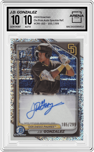 J.D. Gonzalez from the 2024 Bowman set featuring a Speckle Refractor parallel graded by Arena Club and given an overall grade of 10.