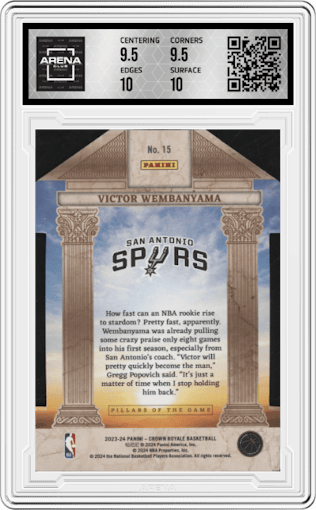 Victor Wembanyama from the 2023-24 Panini Crown Royale  set featuring a Blue parallel graded by Arena Club and given an overall grade of 10.
