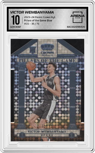 Victor Wembanyama from the 2023-24 Panini Crown Royale  set featuring a Blue parallel graded by Arena Club and given an overall grade of 10.