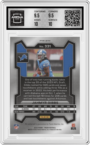 Jahmyr Gibbs from the 2023 Panini Prizm set graded by Arena Club and given an overall grade of 10.