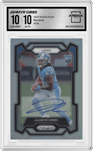 Jahmyr Gibbs from the 2023 Panini Prizm set graded by Arena Club and given an overall grade of 10.