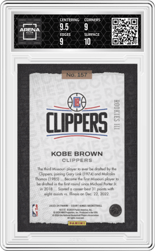 Kobe Brown from the 2023-24 Panini Court Kings set graded by Arena Club and given an overall grade of 9.5.