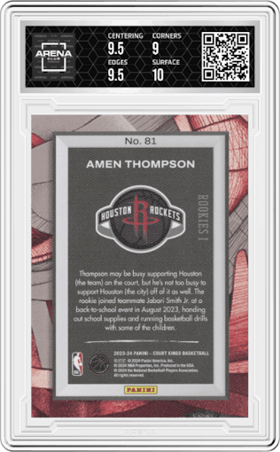Amen Thompson from the 2023-24 Panini Court Kings set graded by Arena Club and given an overall grade of 9.5.