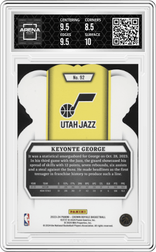Keyonte George from the 2023-24 Panini Crown Royale  set graded by Arena Club and given an overall grade of 9.