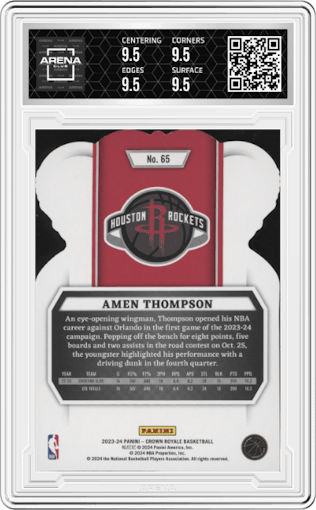Amen Thompson from the 2023-24 Panini Crown Royale  set featuring a Crystal parallel graded by Arena Club and given an overall grade of 9.5.