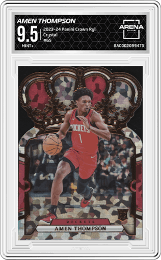Amen Thompson from the 2023-24 Panini Crown Royale  set featuring a Crystal parallel graded by Arena Club and given an overall grade of 9.5.