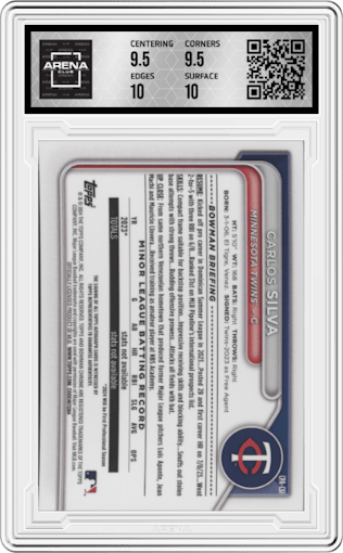 Carlos Silva from the 2024 Bowman set graded by Arena Club and given an overall grade of 10.