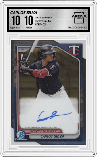Carlos Silva from the 2024 Bowman set graded by Arena Club and given an overall grade of 10.