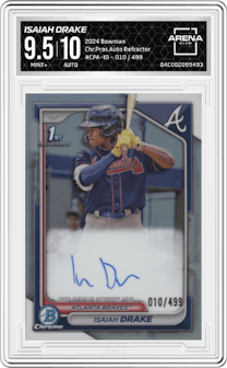 Isaiah Drake from the 2024 Bowman set featuring a Refractor parallel graded by Arena Club and given an overall grade of 9.5.