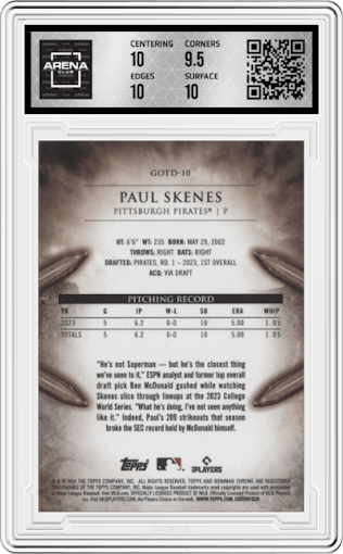 Paul Skenes from the 2024 Bowman set graded by Arena Club and given an overall grade of 10.