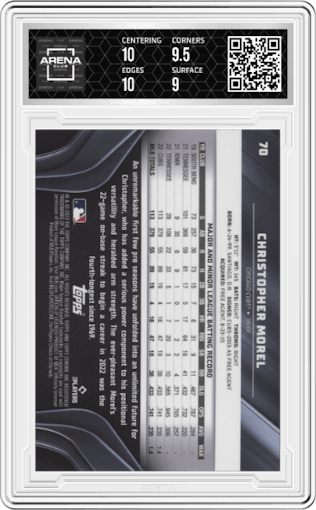 Christopher Morel from the 2023 Topps Chrome Black set featuring a Gold Mini-Diamond Refractor parallel graded by Arena Club and given an overall grade of 9.5.