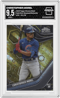Christopher Morel from the 2023 Topps Chrome Black set featuring a Gold Mini-Diamond Refractor parallel graded by Arena Club and given an overall grade of 9.5.