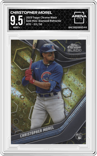 Christopher Morel from the 2023 Topps Chrome Black set featuring a Gold Mini-Diamond Refractor parallel graded by Arena Club and given an overall grade of 9.5.