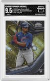Christopher Morel from the 2023 Topps Chrome Black set featuring a Gold Mini-Diamond Refractor parallel graded by Arena Club and given an overall grade of 9.5.