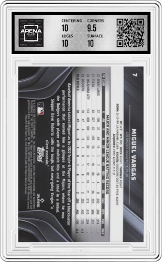 Miguel Vargas from the 2023 Topps Chrome Black set featuring a Blue Refractor parallel graded by Arena Club and given an overall grade of 10.