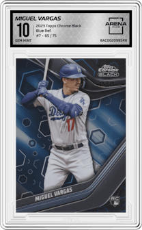 Miguel Vargas from the 2023 Topps Chrome Black set featuring a Blue Refractor parallel graded by Arena Club and given an overall grade of 10.